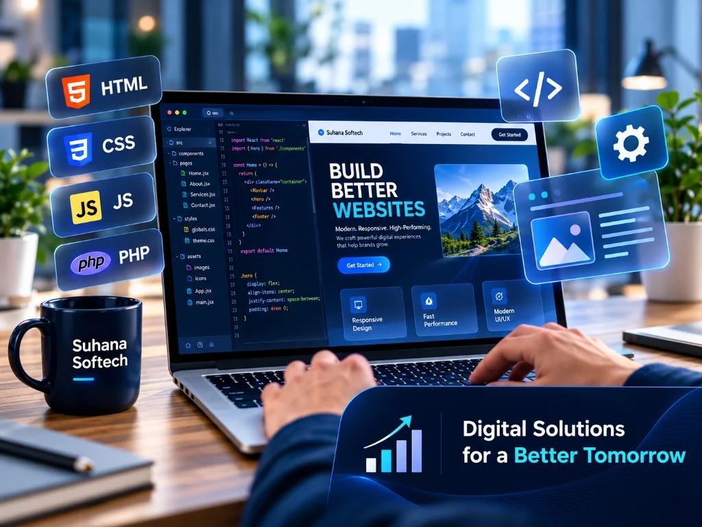 Modern website development workspace showing Suhana Softech web technologies