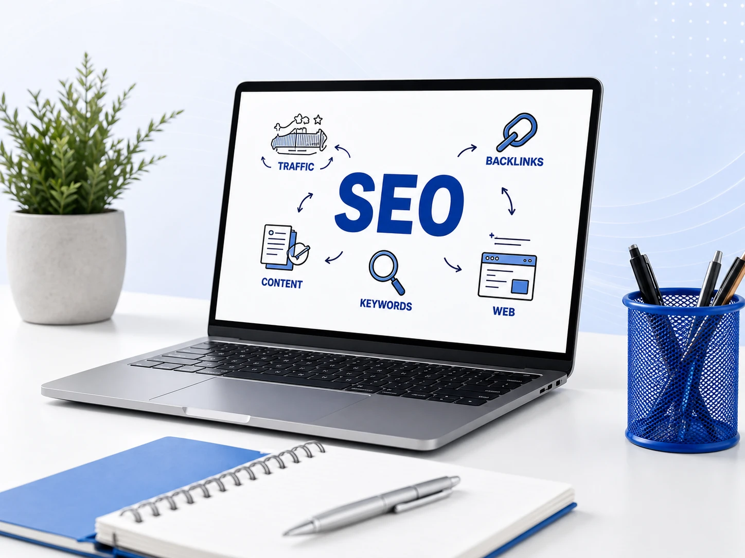 Laptop displaying an SEO strategy dashboard on a digital marketing workspace